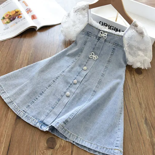 【18M-9Y】Girl Sweet Lace Puff Sleeve Denim Dress - 33189 - Popopieshop.com 
