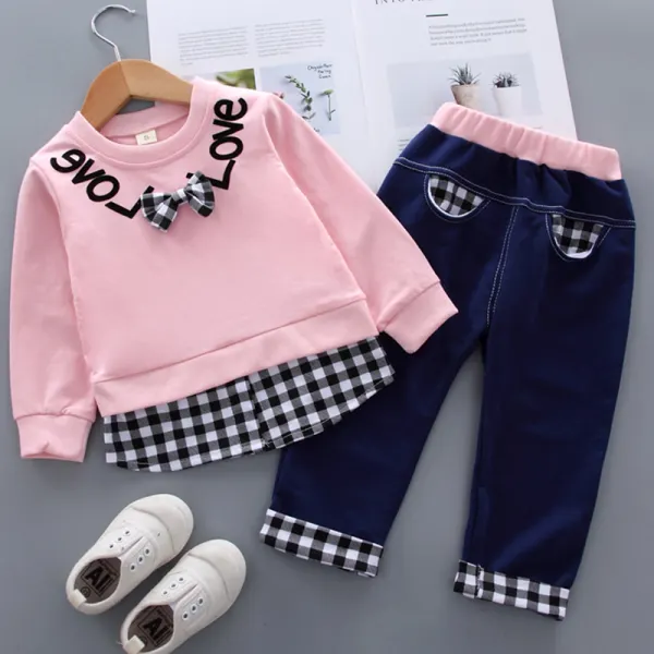 【12M-5Y】Kids Clothes Fashion Plaid spliced Sweatshirt Pants Set (SHOES NOT INCLUDE)- 3483 - Thefolls.com 