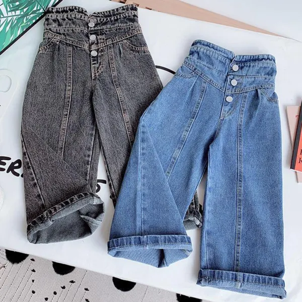 【2Y-13Y】Girls High Waist Jeans - Thefolls.com 