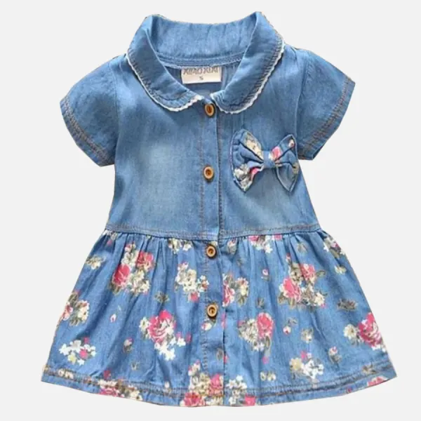 【9M-3Y】Girls Denim Floral Short Sleeve Dress Only NZD$15.99 - Thefolls.com 