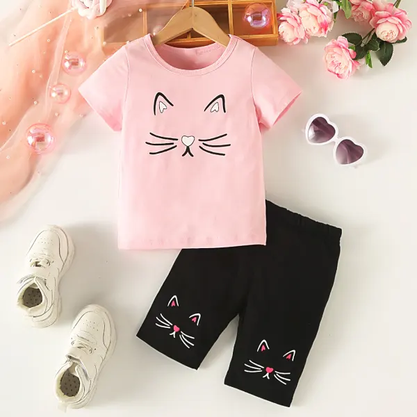 【2Y-7Y】2-piece Girls Cute Cartoon Print Round Neck Short Sleeve T-shirt And Leggings Set - Thefolls.com 