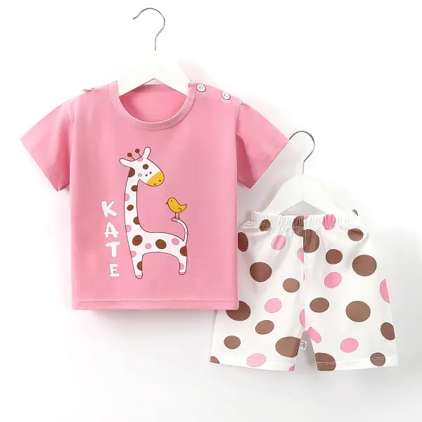 【6M-7Y】Girl Cute Cartoon Print Short Sleeve Tee And Shorts Set Only £3.99 - Thefolls.com 