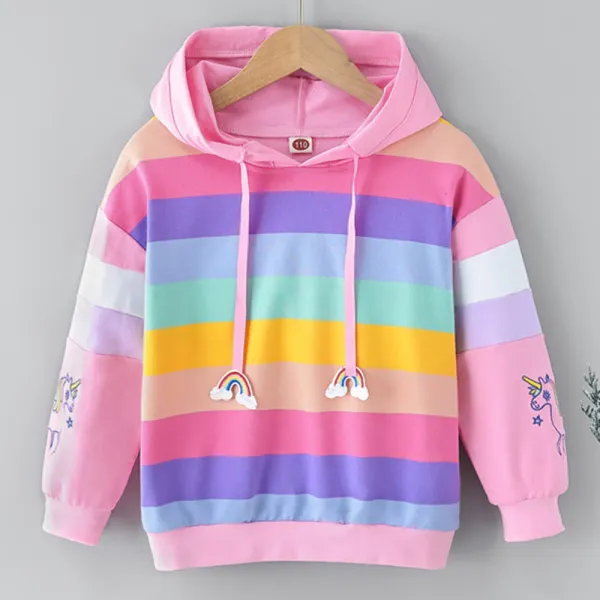 【18M-11Y】Girls Rainbow Striped Unicorn Hooded Sweatshirt - 3139 - Thefolls.com 