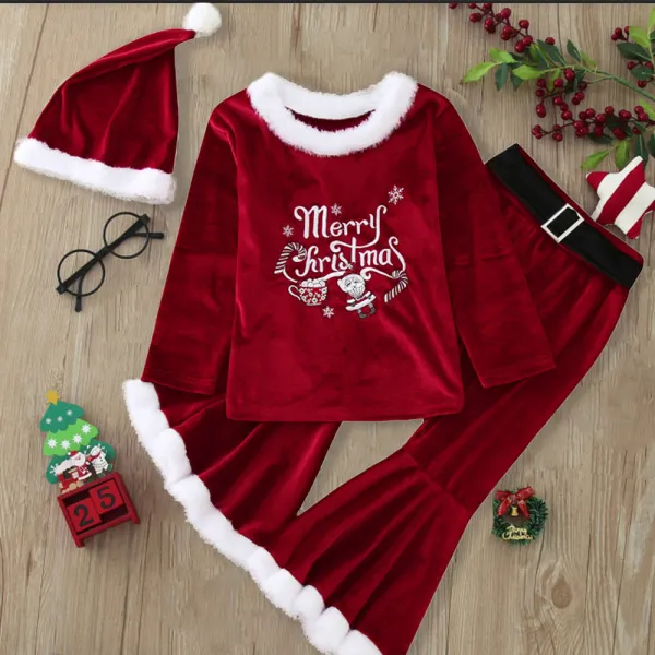 【12M-7Y】3-piece Girls Sweet Red Velvet Christmas Print Plush Top And Flare Pants Set - Thefolls.com 