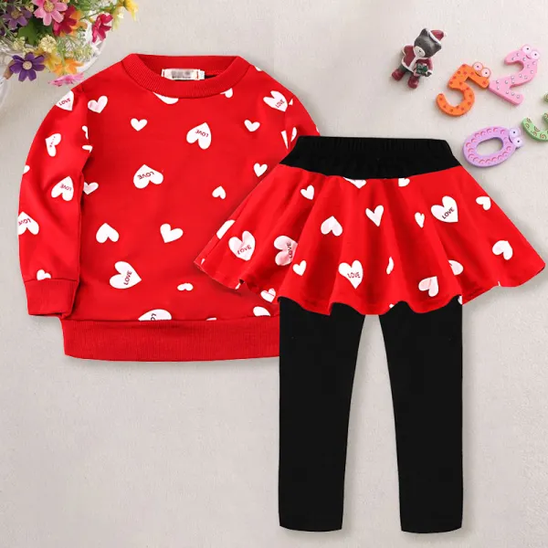 【2Y-9Y】2-piece Girls Heart Print Long Sleeve Sweatshirt And Hakama Set - Thefolls.com 