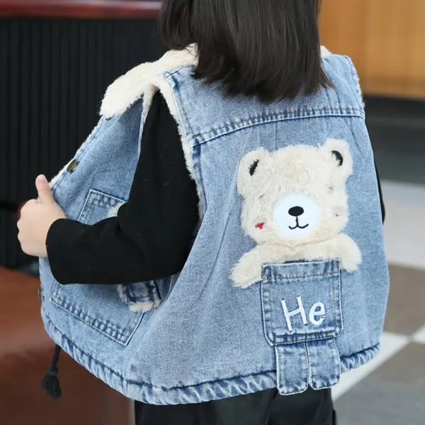 【18M-9Y】Unisex Kids Bear Embroidery Thick Denim Vest - 9109 Only AUD$25.99 - Thefolls.com 