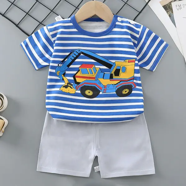 【9M-7Y】2-piece Boys Excavator Print Short-sleeved T-shirt And Shorts Set - Thefolls.com 