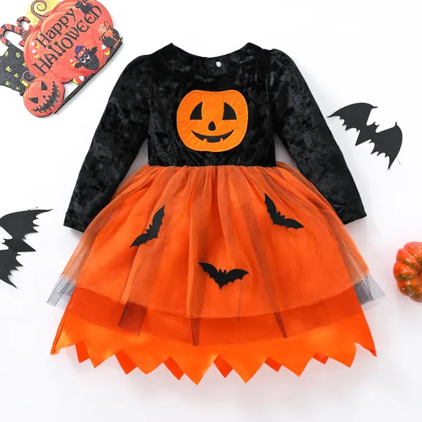 【12M-5Y】Girls Halloween Pumpkin And Bat Embroidered Long Sleeve Dress - Thefolls.com 