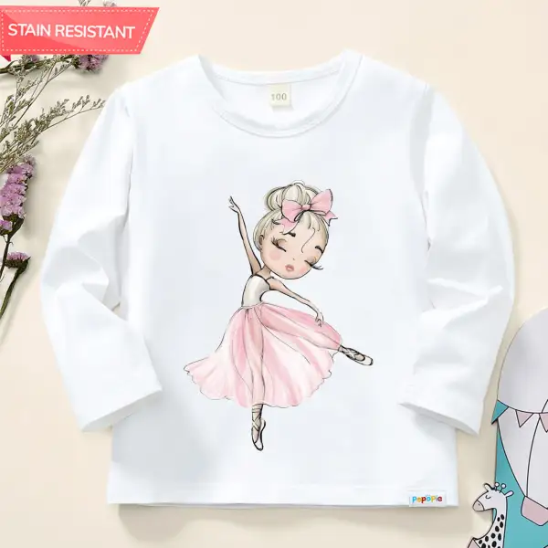 【12M-9Y】Girl Cute Ballerina Girl Print Cotton Stain Resistant Long Sleeve T-shirt - Thefolls.com 