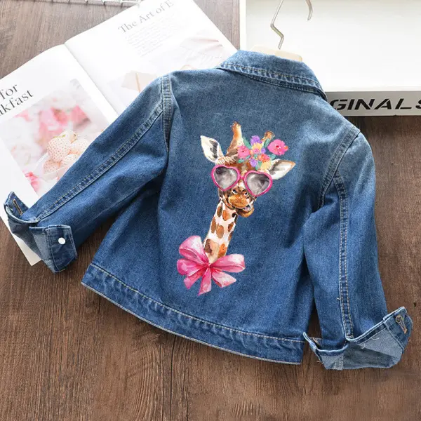 【18M-11Y】Girls Fashion Bow Giraffe Print Blue Denim Jacket - 3142 - Thefolls.com 