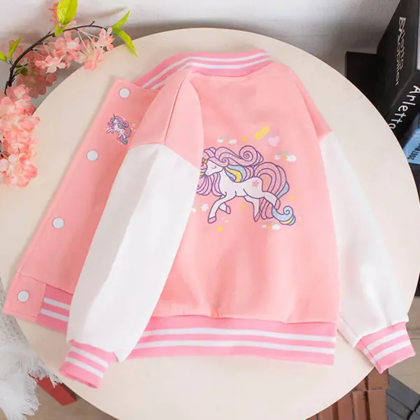 【3Y-12Y】Girls Multicolor Unicorn Print Baseball Jacket - Thefolls.com 