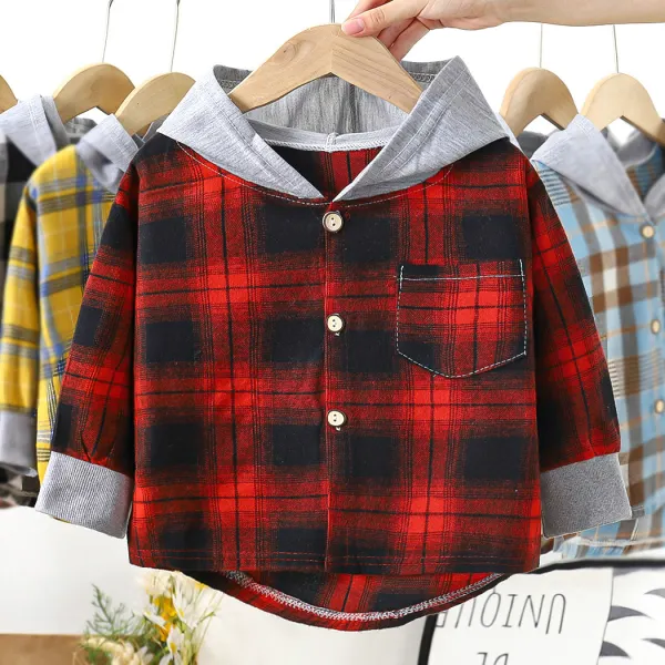 【18M-13Y】Boys Casual Long Sleeve Plaid Hooded Shirt - Thefolls.com 