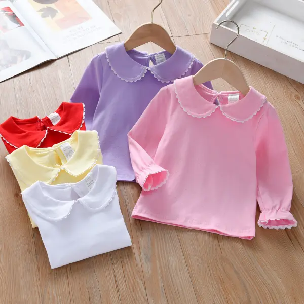 【6M-7Y】Girl Sweet Solid Color Doll Collar Long Sleeve T-shirt - Thefolls.com 