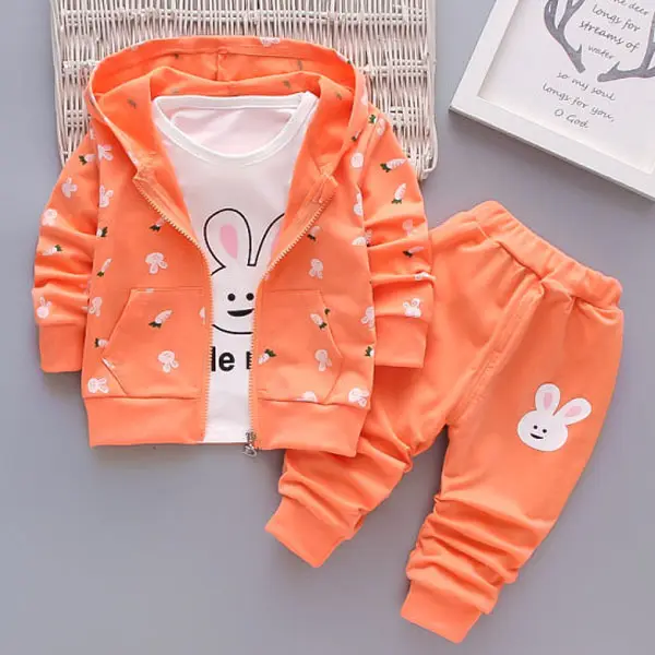 【12M-4Y】Children Clothes Girls 3-piece Rabbit Print Cotton Long-sleeved T-shirt and Pants Hoodie Coat Set - 34220 - Thefolls.com 