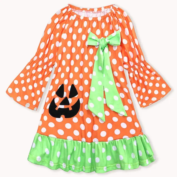 【12M-5Y】Girls Halloween Polka Dot Print Long Sleeve Dress - Thefolls.com 