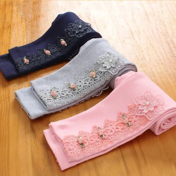 【12M-11Y】Girls Cotton Multicolor Lace Appliquéd Leggings - Thefolls.com 