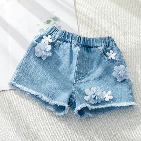 【12M-7Y】Girls Sweet Flower Blue Denim Shorts Only HKD74.99 - Thefolls.com 