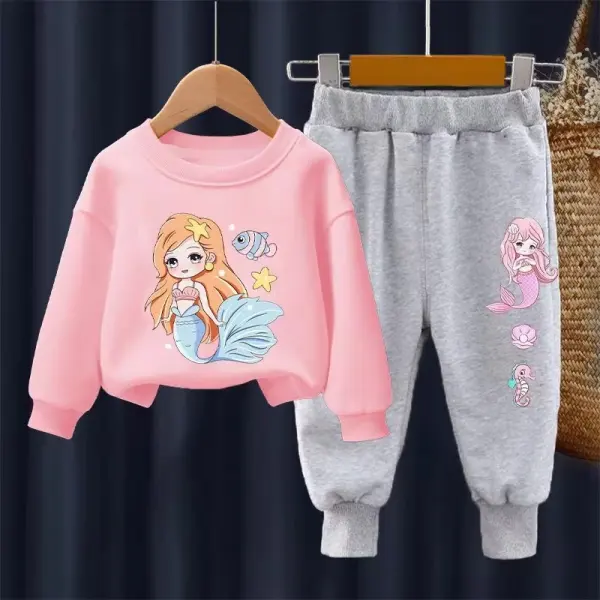 【18M-11Y】2-piece Girls Cute Mermaid Print Sweatshirt And Pants Set - 34287 - Thefolls.com 