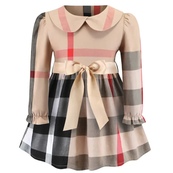 【2Y-8Y】Girls Cotton Khaki Plaid Lapel Long Sleeve Dress - 33260 - Thefolls.com 