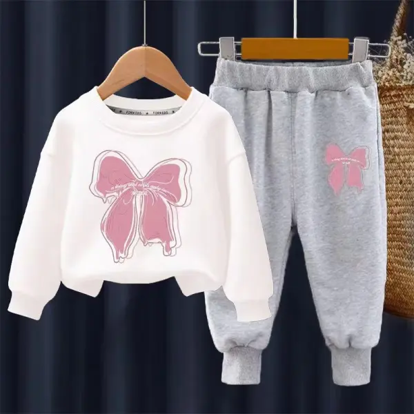 【18M-11Y】2-piece Girls Cute Bowknot Print Sweatshirt And Pants Set - 34274 - Thefolls.com 