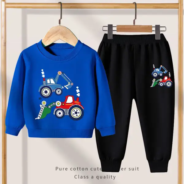 【2Y-13Y】Boy Cute Excavator Print Sweatshirt And Pants Set - Thefolls.com 