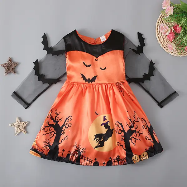 【18M-7Y】Girls Halloween Print Bat Mesh Sleeves Orange Dress - Thefolls.com 