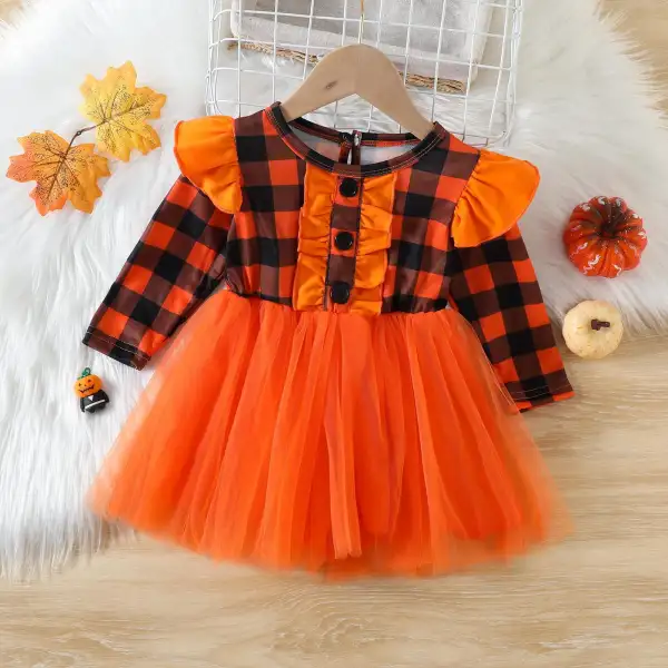 【12M-5Y】Girl Cute Plaid Print Stitching Layered Tulle Dress - Thefolls.com 