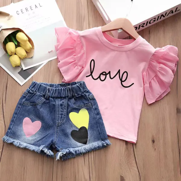 【18M-9Y】2-piece Girls Letter Print Short-sleeved T-shirt And Denim Shorts Set - Thefolls.com 