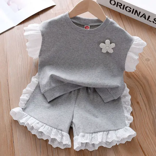 【18M-9Y】2-piece Girls Pearl Brooch Short-sleeved T-shirt And Shorts Set - 34367 Only $15.99 - Thefolls.com 