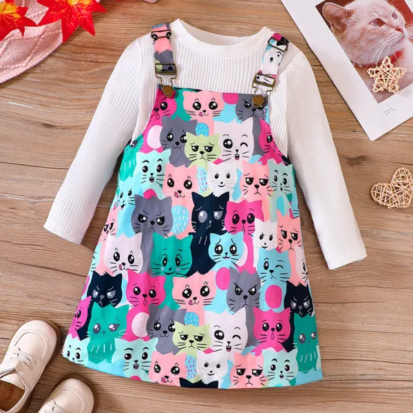 【18M-6Y】2-piece Girl Cute White Long Sleeve T-shirt And Colorful Cartoon Cat Print Suspender Dress Set - Thefolls.com 