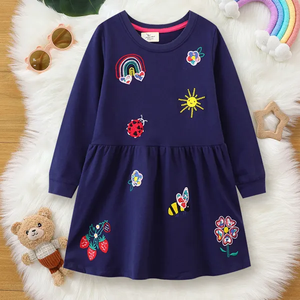 【18M-7Y】Girls Cute Floral And Rainbow And Cartoon Embroidery Round Neck Long Sleeve Dresses - Thefolls.com 