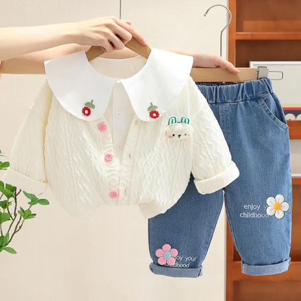 【6M-4Y】3-Piece Girls Cute Floral Embroidered Shirt And Bunny Pin Cardigan And Jeans Set Only TWD774 - Thefolls.com 