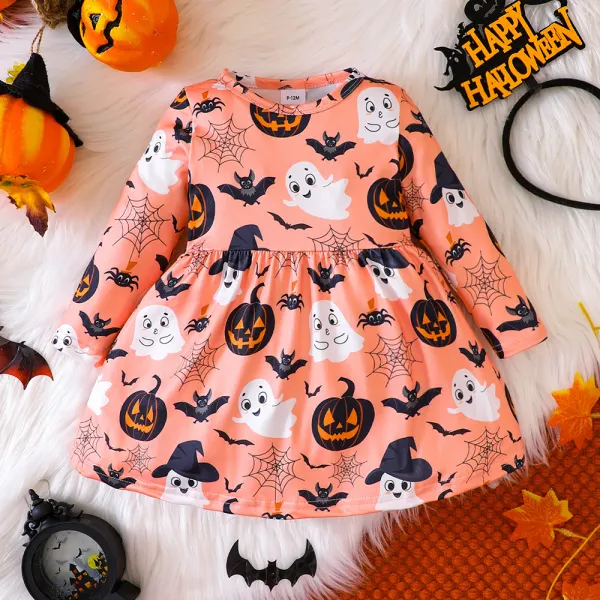 【3M-24M】Baby Girl Halloween Cute Pumpkin Skull Print Long Sleeve Dress - Thefolls.com 