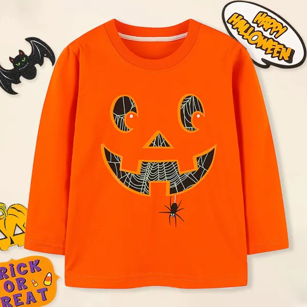 【18M-7Y】Unisex Cotton Halloween Orange Skull Print Long Sleeve T-Shirt - Thefolls.com 