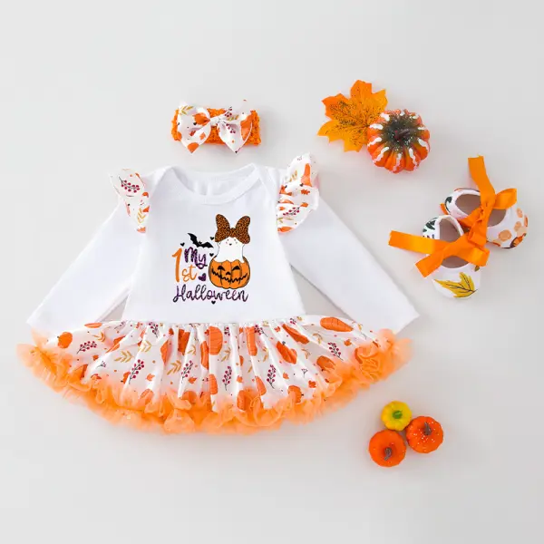 【0M-18M】3-Piece Baby Girl Halloween Print Long-Sleeved Romper With Hairband And Shoes - Thefolls.com 