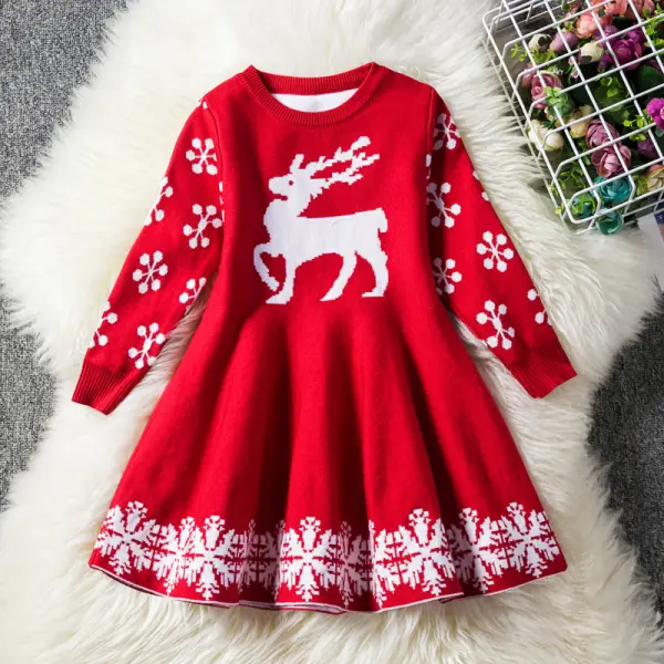 Christmas Snow And Elk Wool Knitted Long Sleeve Dress - Thefolls.com 