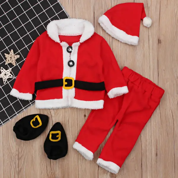 【6M-10Y】4-Piece Unisex Cute Christmas Santa Claus Fleece Warm Performance Costume Set - Thefolls.com 