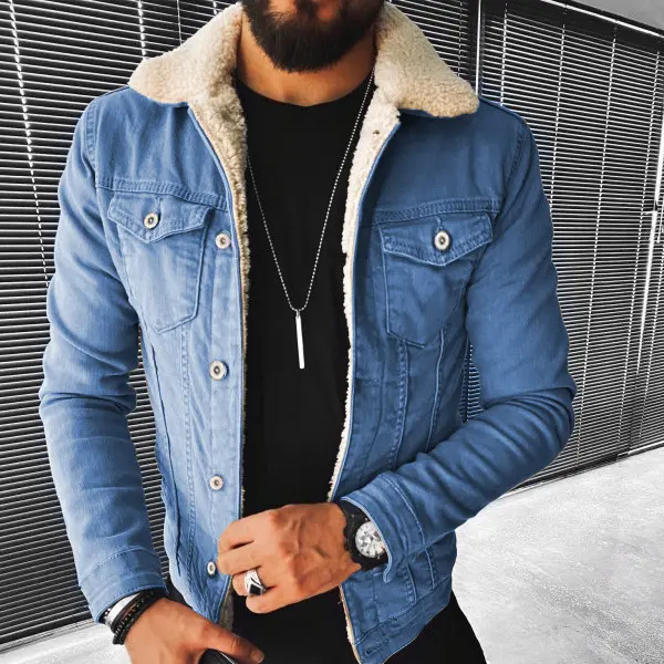 Men's Casual Punk Motorcycle Imitation Wool Washed Denim Jacket - Mobivivi.com 