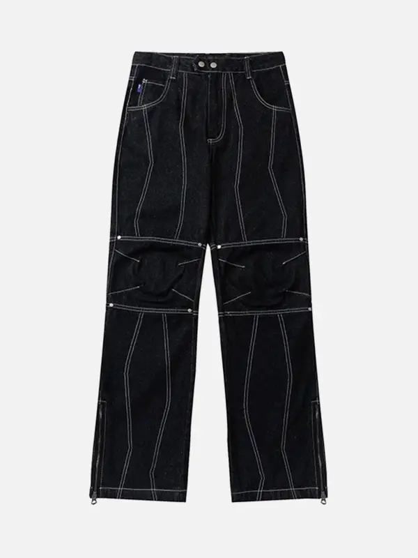 The Supermade American High Street Patchwork Series Bright Line Jeans Zipper Slit Nine-quarter Pants - Businesuniontrade.com 