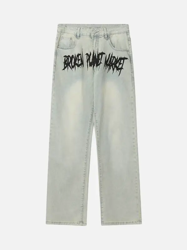 The Supermade American Vintage Washed Letter Print Jeans Straight Leg - Businesuniontrade.com 