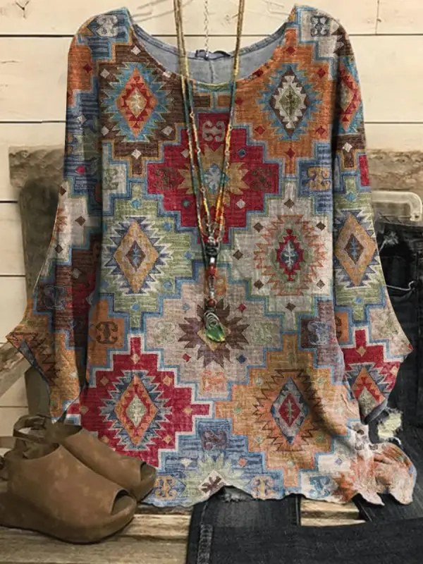 Round Neck Ethnic Geometric Print Loose Long-sleeved Blouse - Buildernice.com 