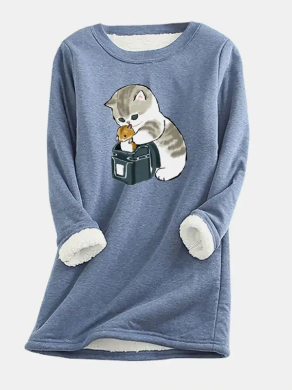 Round Neck Fun Cat Print Plus Velvet Long-sleeved T-shirt - Godeskplus.chimpone.com 