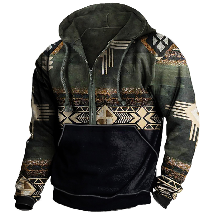 

Men's Vintage Ethnic Print Pocket Zip Hoodie