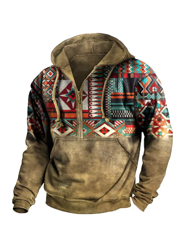 Men's Vintage Ethnic Print Pocket Zip Hoodie - Anrider.com 