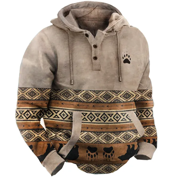 Men's Western Retro Print Outdoor Thickened Henley Collar Hoodie Only $38.89 - Wayrates.com 