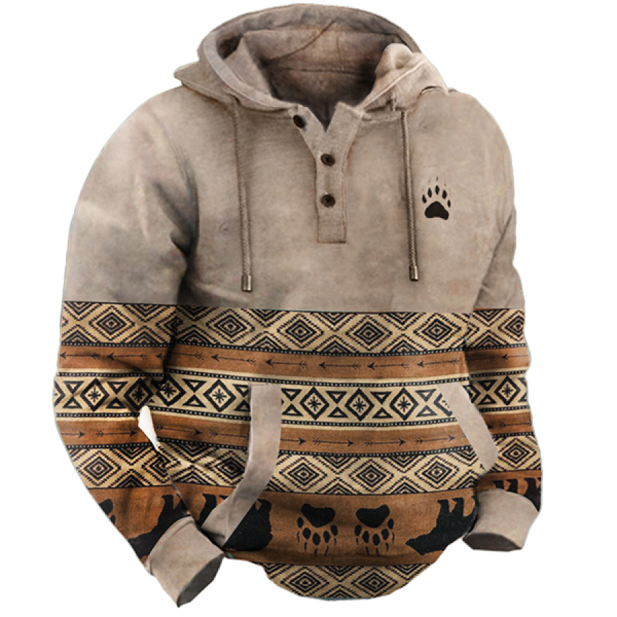 

Men's Western Retro Print Outdoor Thickened Henley Collar Hoodie