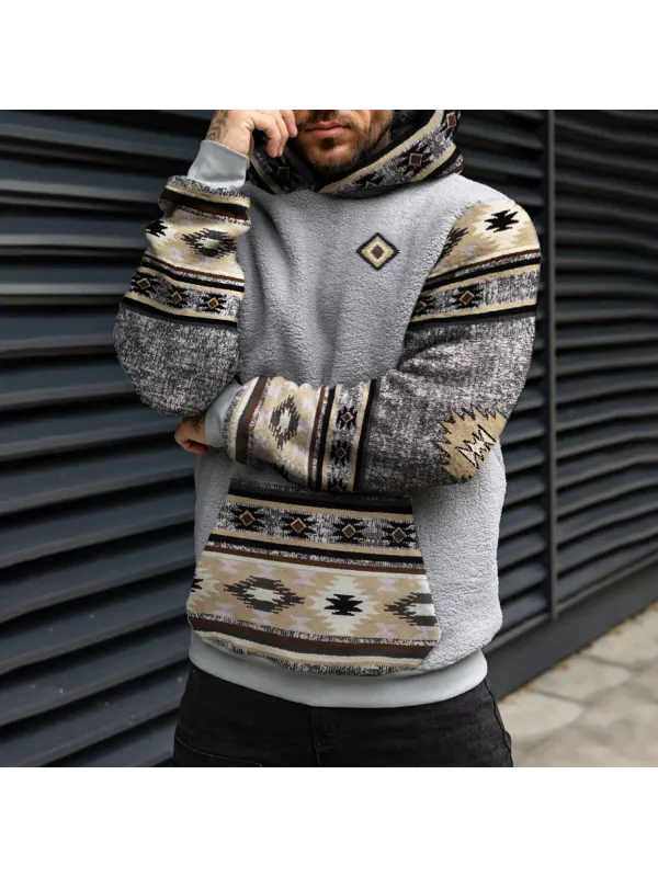 Retro Men's Casual Ethnic Geometric Print Sherpa Hoodie - Machoup.com 