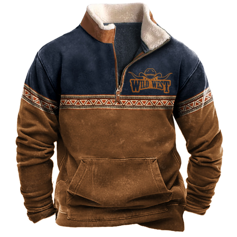 

Men's Vintage Wild West Cowboy Color Contrast Zipper Stand Collar Sweatshirt