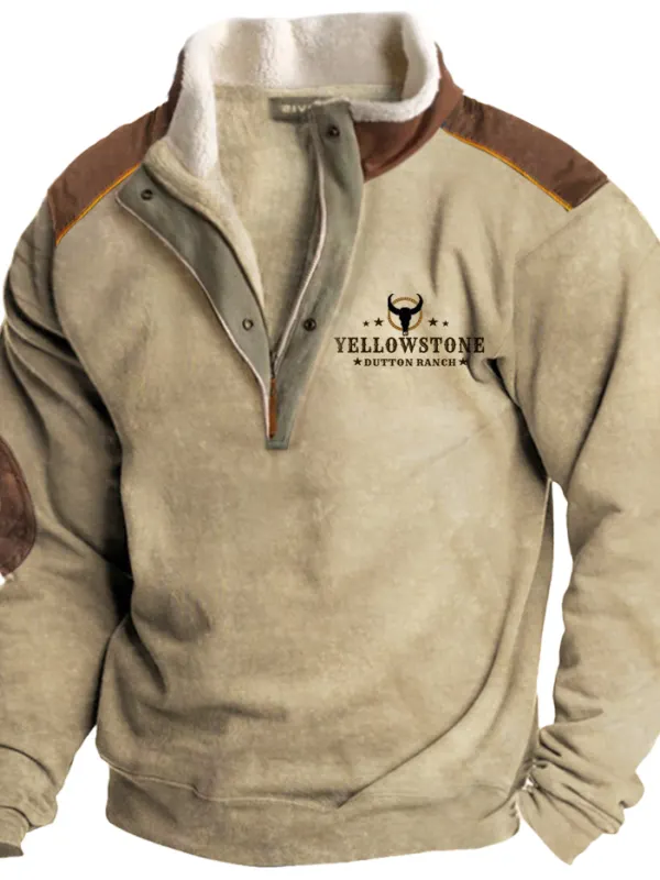 Yellowstone Fleece Sweatshirts Men's Vintage Western Yellowstone Zipper Stand Collar Fleece Elbow Patch Sweatshirt  