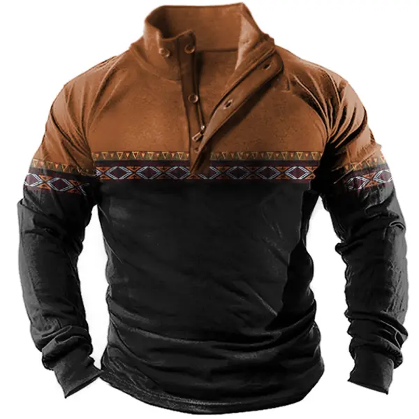 Men's Aztec Print Stand Collar Long Sleeve T-Shirt - Kalesafe.com 